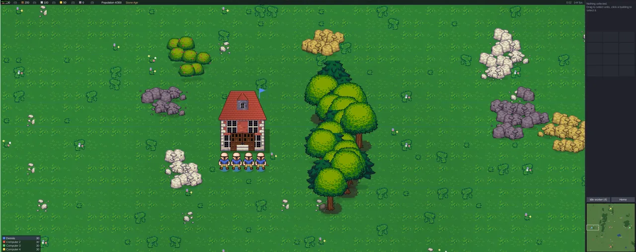 Four workers, a town center and a forest in the way. Every match starts here.