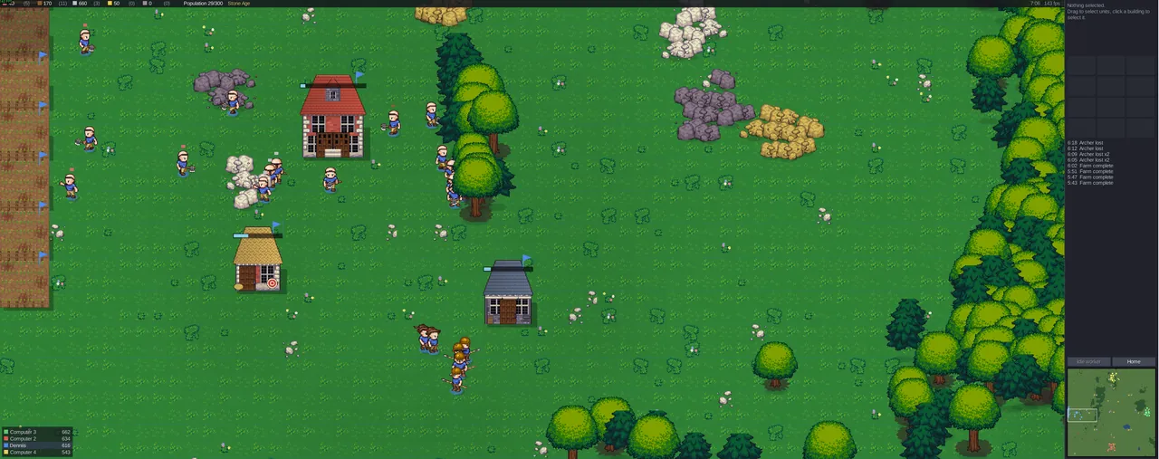 A young town: workers between the trees and the veins, farm plots at the edge.